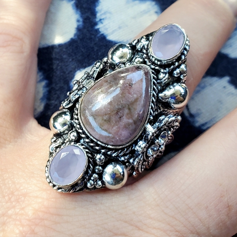 New Pink Thulite and Pink Chalcedony 925 Silver Statement Ring.